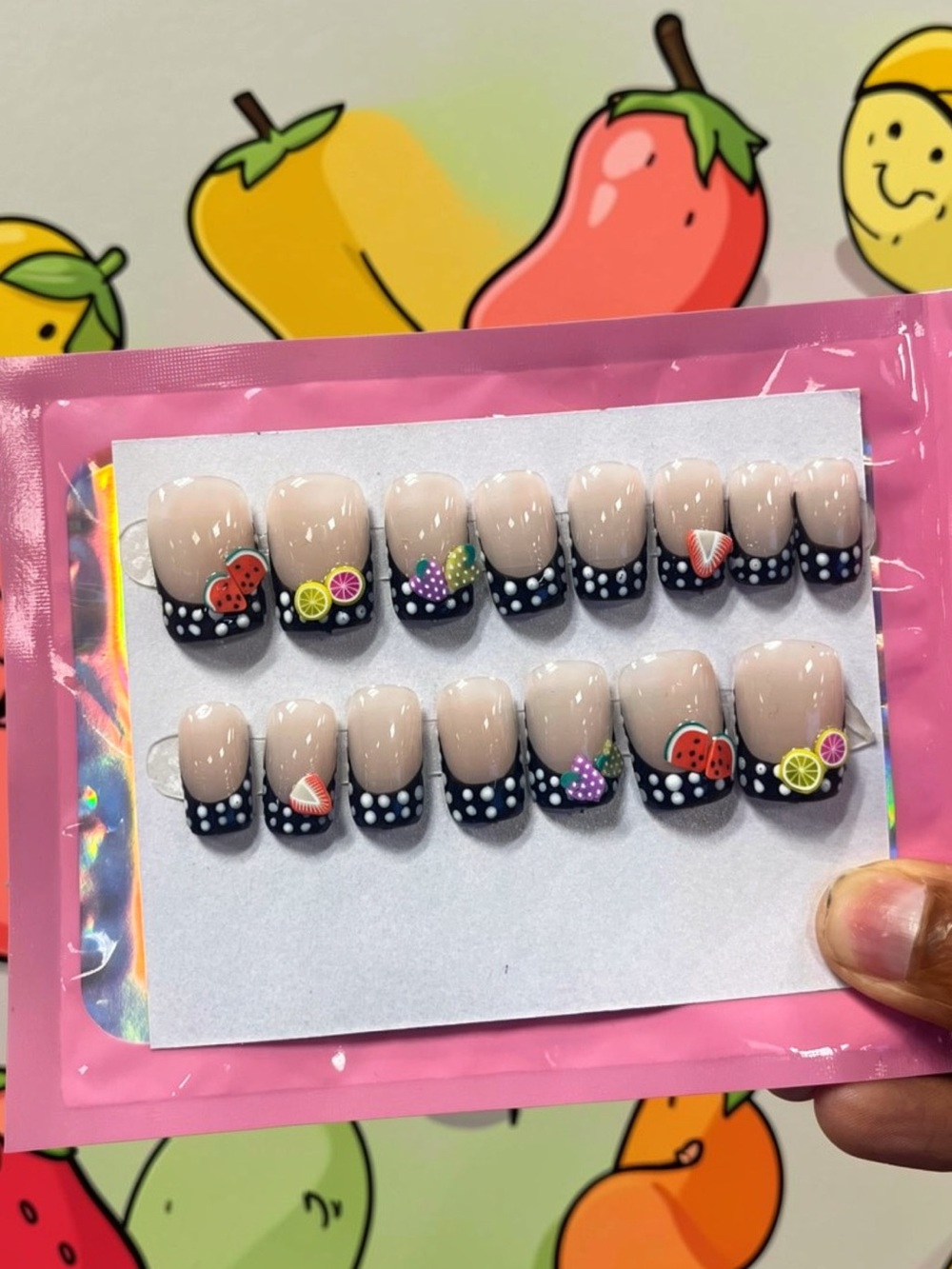 Polka Dot Press-On Nail Set with Fruit Accents